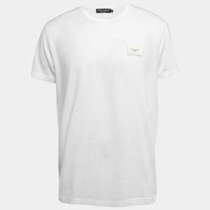 Dolce & Gabbana White Cotton Logo Plaque Detail Crew Neck T-Shirt XXL