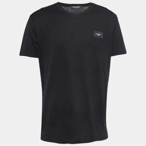 Pre Owned Dolce & Gabbana Black Cotton Logo Patch Crew Neck Half Sleeve T-Shirt XXL