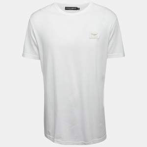 Pre Owned Dolce & Gabbana White Cotton Logo Patch Crew Neck Half Sleeve T-Shirt XXL