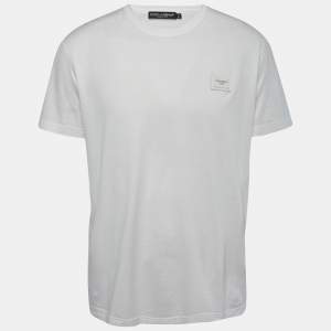 Pre Owned Dolce & Gabbana White Cotton Logo Patch Crew Neck Half Sleeve T-Shirt XXL