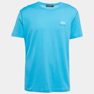 Dolce & Gabbana Blue Cotton Logo Patch Crew Neck Half Sleeve T-Shirt XL
