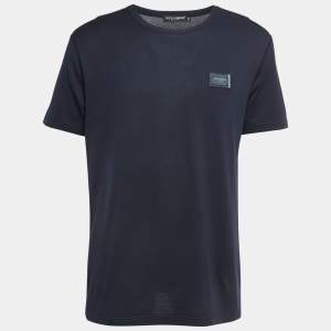 Pre Owned Dolce & Gabbana Navy Blue Cotton Logo Patch Crew Neck Half Sleeve T-Shirt XXL