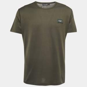 Pre Owned Dolce & Gabbana Military Green Cotton Logo Patch Crew Neck Half Sleeve T-Shirt XXL