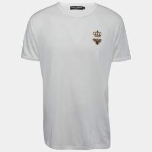Pre Owned Dolce & Gabbana White Cotton Crown & Bee Embroidered Half Sleeve T-Shirt XXL