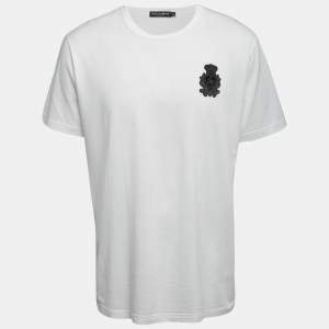 Pre Owned Dolce & Gabbana White Logo Patch Cotton Crew Neck Half Sleeve T-Shirt XXL