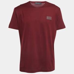 Pre Owned Dolce & Gabbana Burgundy Logo Patch Cotton Crew Neck Half Sleeve T-Shirt XXL