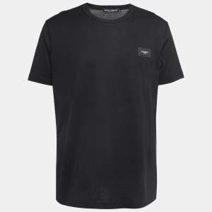 Pre Owned Dolce & Gabbana Black Logo Patch Cotton Crew Neck Half Sleeve T-Shirt XXL