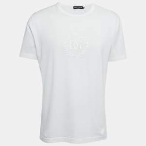Pre Owned Dolce & Gabbana White Logo Embroidered Cotton Crew Neck Half Sleeve T-Shirt XXL