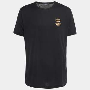 Pre Owned Dolce & Gabbana Black Cotton Crown & Bee Embroidered Half Sleeve T-Shirt XXL