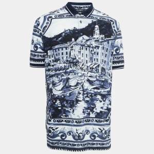Pre Owned Dolce & Gabbana Blue Print Cotton Pique Polo T-Shirt XL