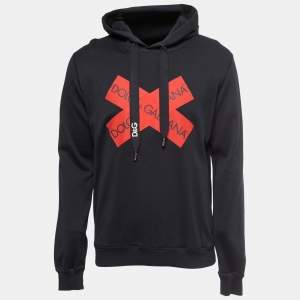 Pre Owned Dolce & Gabbana Black Logo Tape Print Cotton Hooded Sweatshirt L