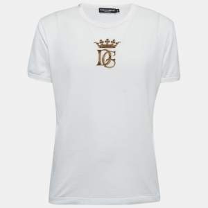 Pre Owned Dolce & Gabbana White Cotton DG Crown Embroidered Fitted T-Shirt XL