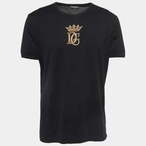 Dolce & Gabbana Black Cotton DG Crown Embroidered Fitted T-Shirt XL