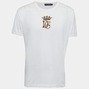 Pre Owned Dolce & Gabbana White Cotton DG Crown Embroidered Fitted T-Shirt XL