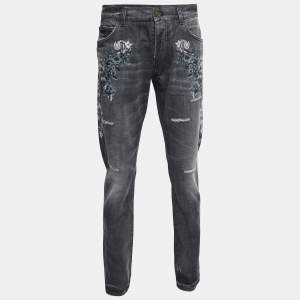Pre Owned Dolce & Gabbana Grey Embroidered Denim 16 Classic Fit Jeans L/Waist 36"