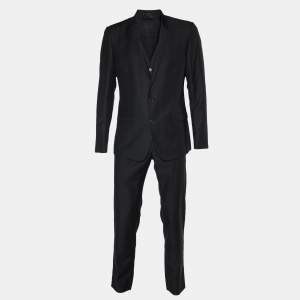 Pre Owned Dolce & Gabbana Black Jacquard Virgin Wool Gold 3 Piece Suit L