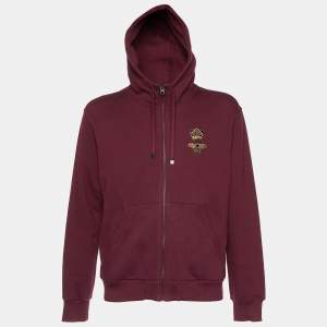 Pre Owned Dolce & Gabbana Burgundy Bee Crown Embroidered Cotton Knit Hooded Jacket L