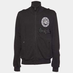 Pre Owned Dolce & Gabbana Black Famiglia Applique Cotton Knit Zip Front Sweater XXL