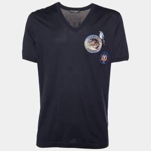 Pre Owned Dolce & Gabbana Black Cotton Knit Applique Detail V-Neck T-Shirt XXL