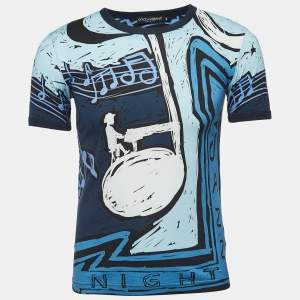 Pre Owned Dolce & Gabbana Blue Printed Cotton Crewneck T-Shirt XS