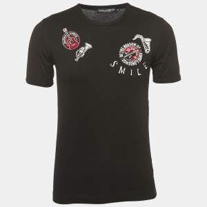 Pre Owned Dolce & Gabbana Black Musical Embroidered Cotton Half Sleeve T-Shirt S