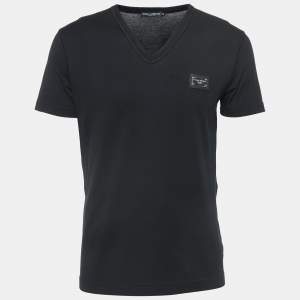 Dolce & Gabbana Black Cotton Logo Plaque V-Neck T-Shirt M