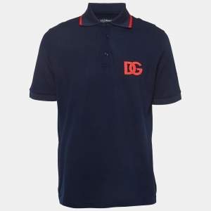 Pre Owned Dolce & Gabbana Navy Blue Cotton Logo Embroidered Polo T-Shirt XL