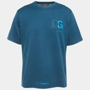 Pre Owned Dolce & Gabbana Teal Blue Logo Embossed Cotton Crew Neck T-Shirt S