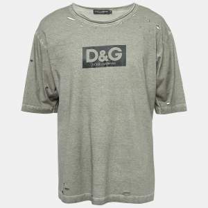 Pre Owned Dolce & Gabbana Grey Logo Print Distressed Cotton Half Sleeve T-Shirt M