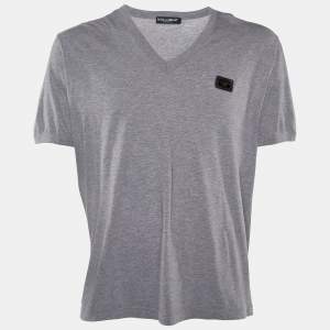 Pre Owned Dolce & Gabbana Grey Cotton Knit V-Neck T-Shirt 4XL