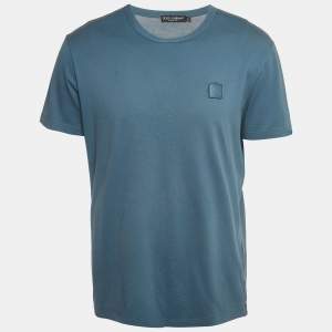 Pre Owned Dolce & Gabbana Blue Cotton Logo Applique Half Sleeve T-Shirt XL