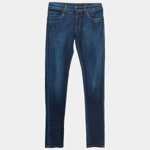 Pre Owned Dolce & Gabbana Blue Leather Logo Trim Denim Classic Jeans S Waist 30''
