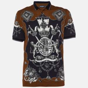 Dolce & Gabbana Brown Crown Print Cotton Pique Polo T-Shirt L