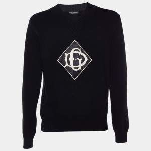 Dolce & Gabbana Black Wool DG Appliqued V-Neck Sweater L
