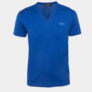 Pre Owned Dolce & Gabbana Blue Logo Applique Cotton Knit V-Neck T-Shirt S