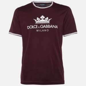 Dolce & Gabbana Burgundy Logo Print Cotton Crew Neck T-Shirt L