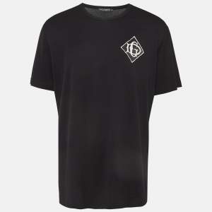 Pre Owned Dolce & Gabbana Black Embroidered Cotton Knit Crew Neck T-Shirt 4XL