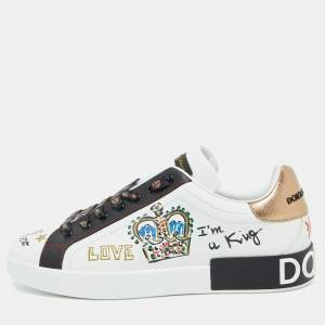 Pre Owned Dolce & Gabbana White Leather Crown Patch Lace Up Sneakers Size 44.5
