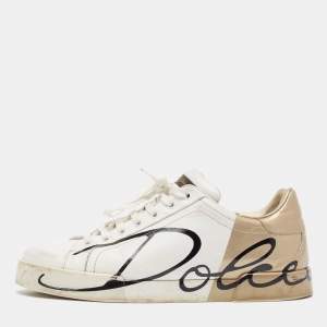 Dolce & Gabbana White/Gold Leather Portofino Lace Up Sneakers Size 42