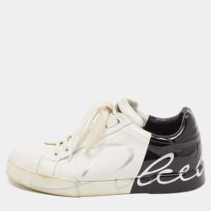Dolce & Gabbana White/Black Leather and Patent Portofino Lace Up Sneakers Size 40