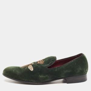 Dolce & Gabbana Green Velvet Bee Embraided Slip On Loafers Size 42