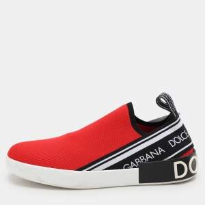 Dolce & Gabbana Red/Black Knit Fabric Portofino Slip On Sneakers Size 40