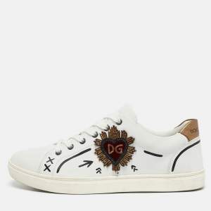 Dolce & Gabbana White Leather Heart Embellished Lace Up Sneakers Size 42