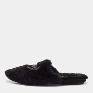 Dolce & Gabbana Black Fur Crown Crystal Embellished Flat Mules Size 44