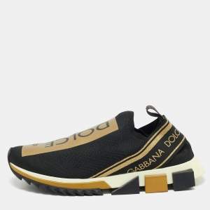 Dolce & Gabbana Black/Gold Stretch Fabric Jersey Sorrento Logo Print Slip On Sneakers Size 45