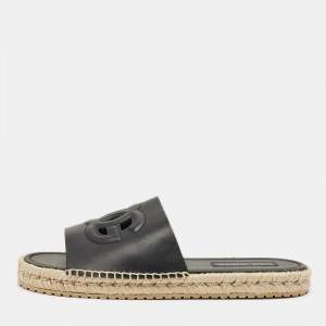 Pre Owned Dolce & Gabbana Black Leather Espadrille Flat Slides Size 45    