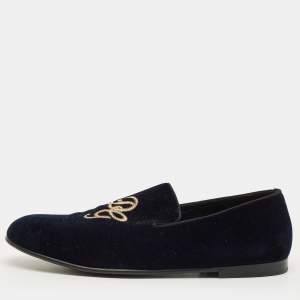 Pre Owned Dolce & Gabbana Size 43 Navy Blue Velvet DG Logo Slip On Loafers