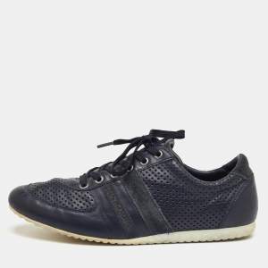 مملوكة مسبقًا Dolce & Gabbana Size 42 Navy Blue Perforated Leather and Suede Low Top Sneakers
