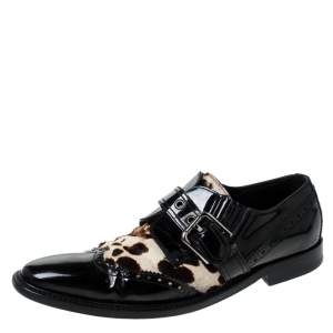 Pre Owned Dolce & Gabbana Black Patent Leather And Leopard Print Pony Hair Monk Strap Derby Size 41