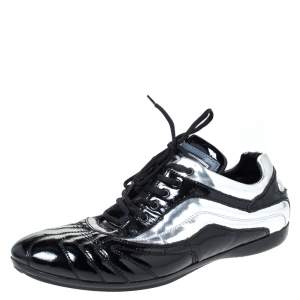 Dolce & Gabbana Metallic Silver/Black Patent Leather Lace Up Low Top Sneakers Size 44